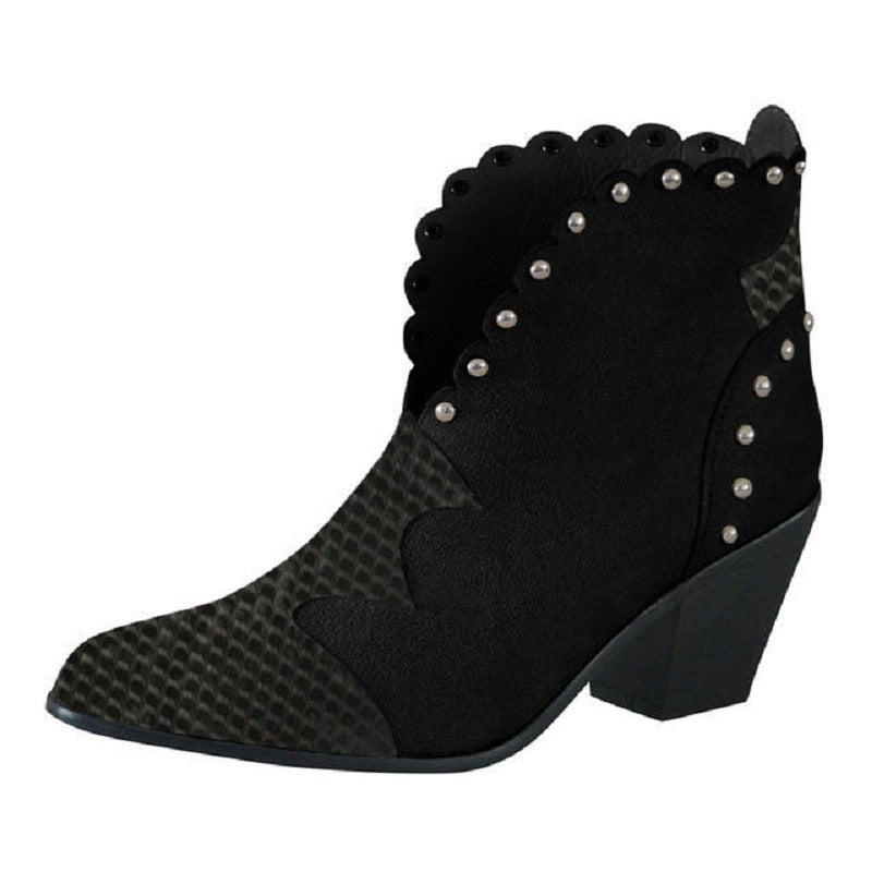 Block-heel rivet color-block snake print ankle boots