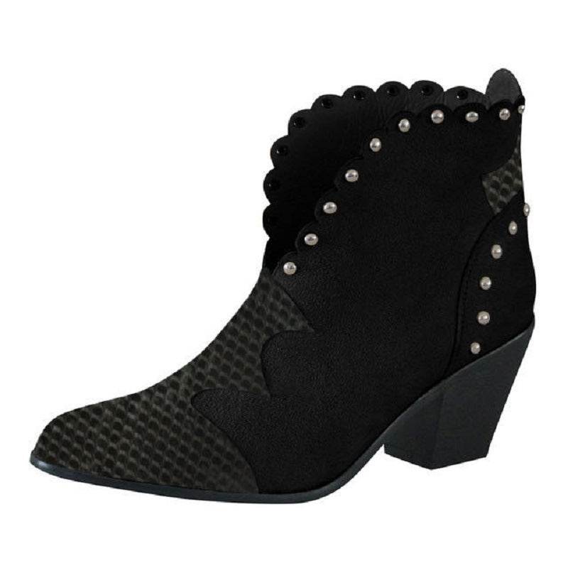 Block-heel rivet color-block snake print ankle boots - Mubimart
