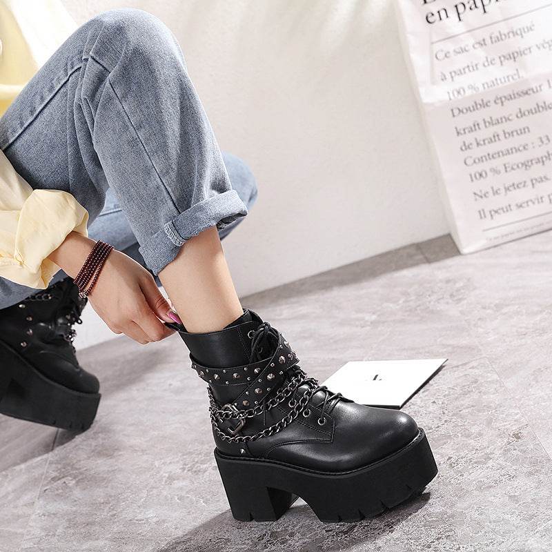 Women's Chunky Heel Booties Platform Platform Martin Boots - Mubimart