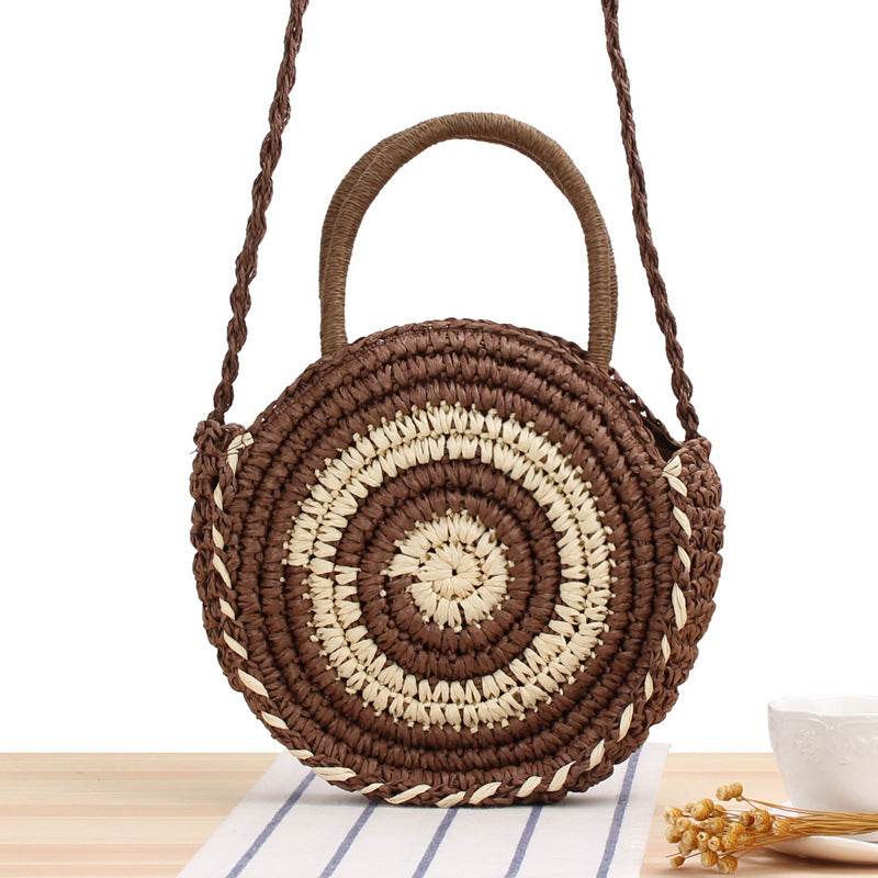 Round Straw Bags Women Summer Rattan Bag Handmade Woven Beach Cross Body Bag - Mubimart