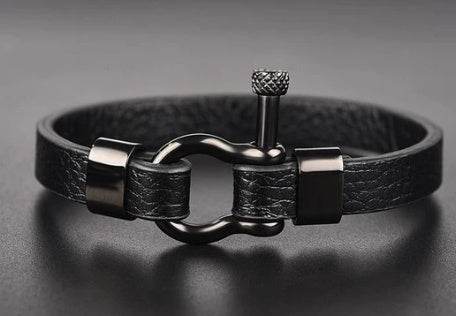 Titanium steel leather bracelet men - Mubimart