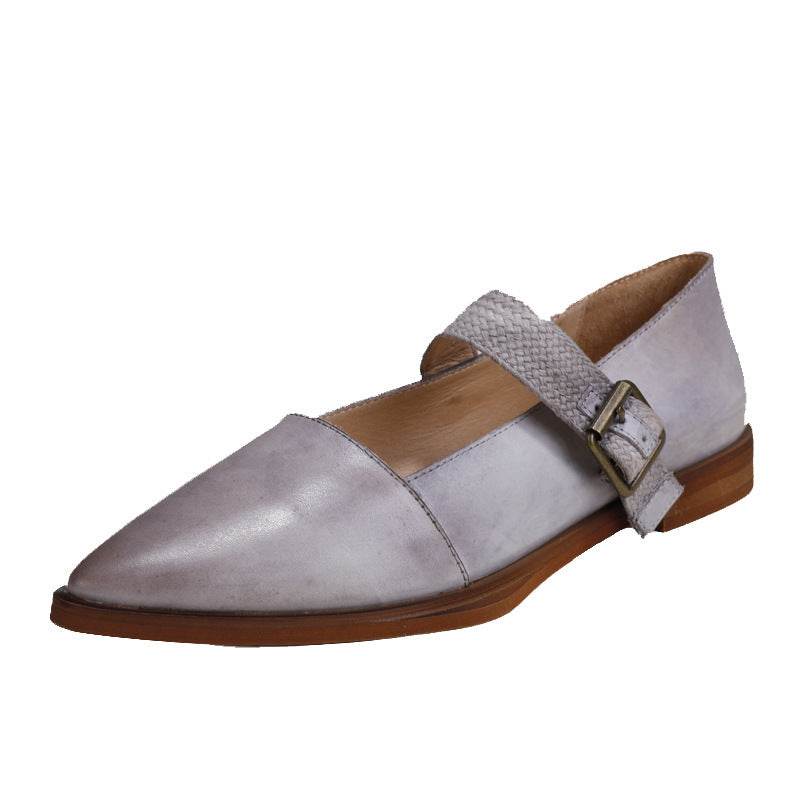 Women's leather pointed toe buckle retro flat shoes - Mubimart
