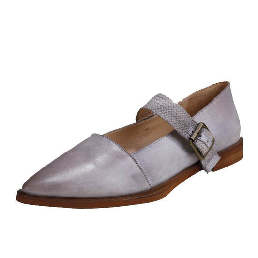 Women's leather pointed toe buckle retro flat shoes - Mubimart