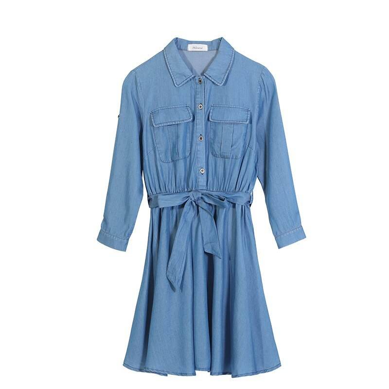 Tencel Denim Simple Plus Size Women's Long Sleeve Dress Denim Plus Size Skirt - Mubimart