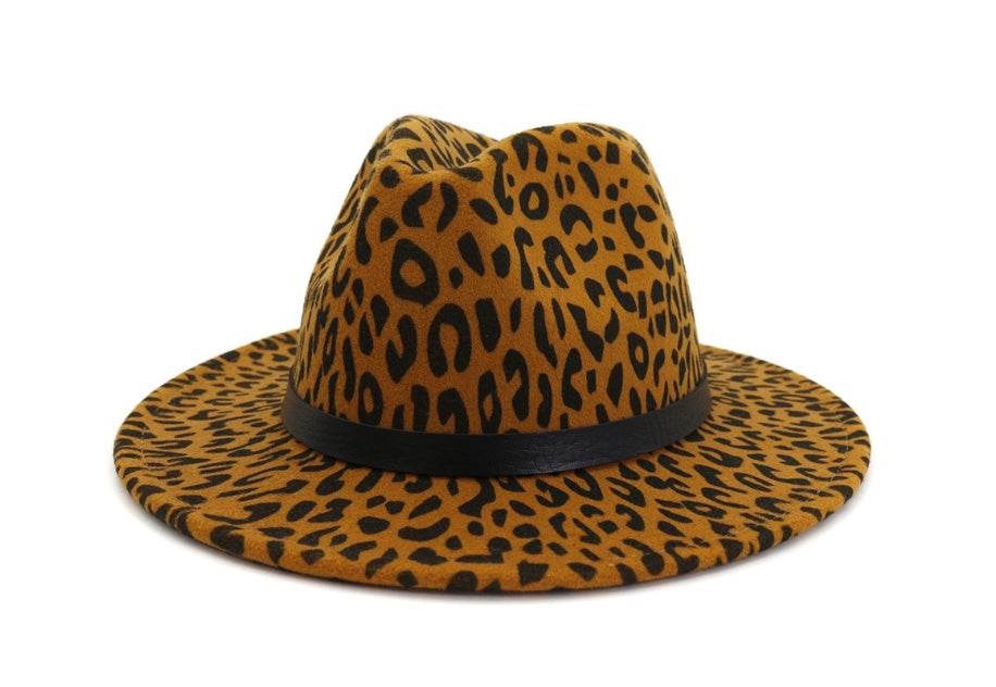 Wide Brim Leopard Wool Fedora Felt Hat For Women - Mubimart