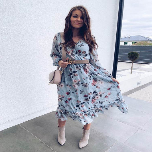 V-neck print dress maxi - Mubimart