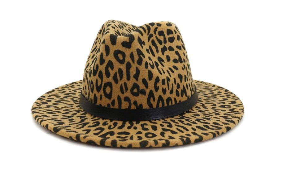 Wide Brim Leopard Wool Fedora Felt Hat For Women - Mubimart