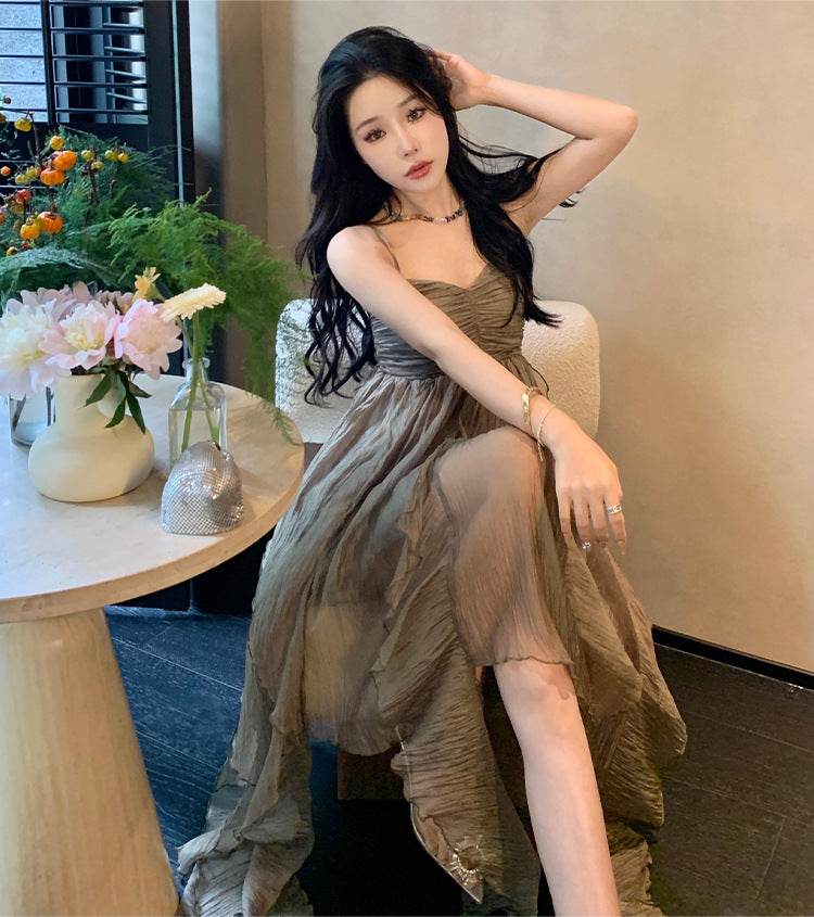 Pleated Irregular Elegant Midi Dress - Mubimart