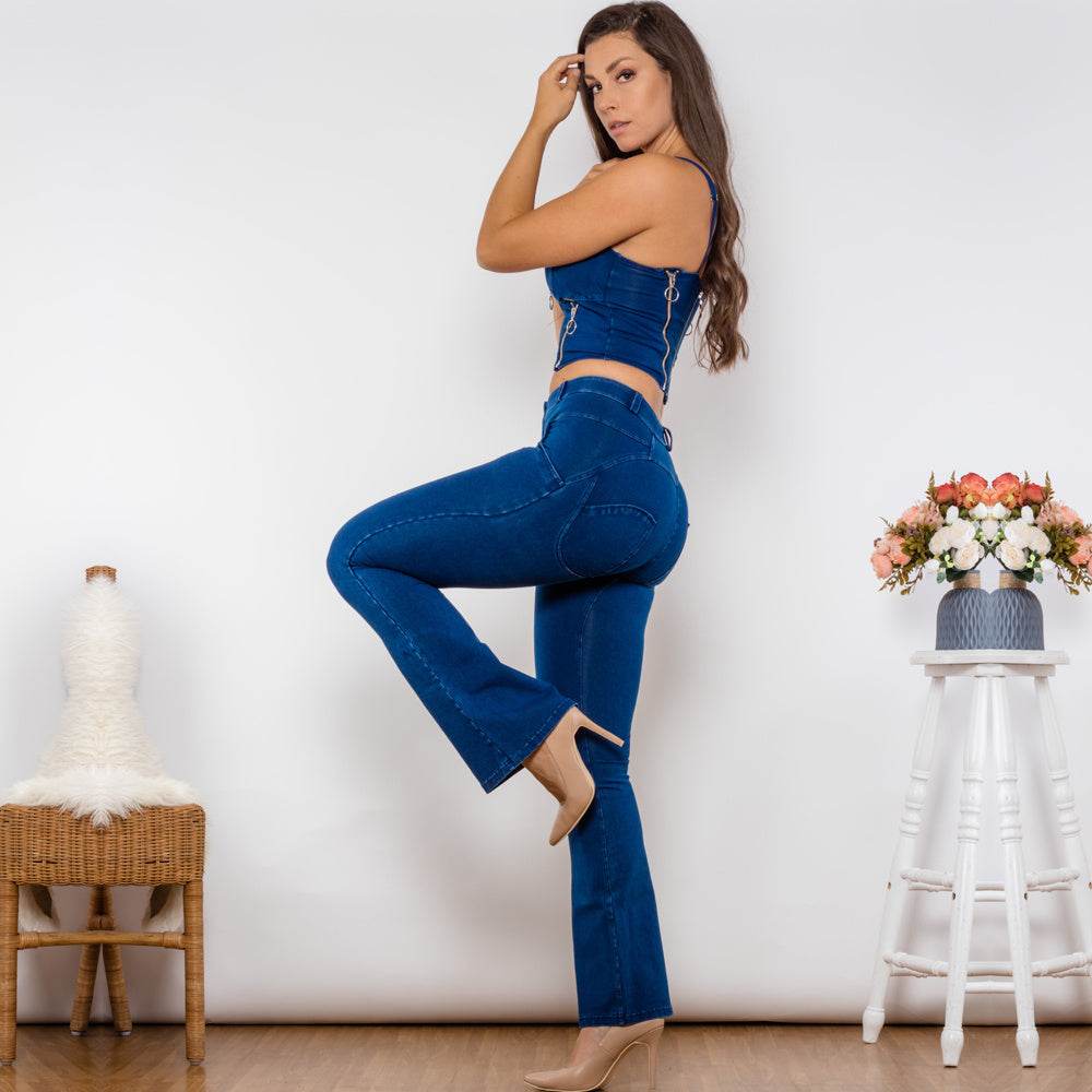Shascullfites Shaper Set Dark Blue Bodysuit Zipper Push Up Top Middle Waist Flare Jeans Women Two Piece Clothes For Women - Mubimart