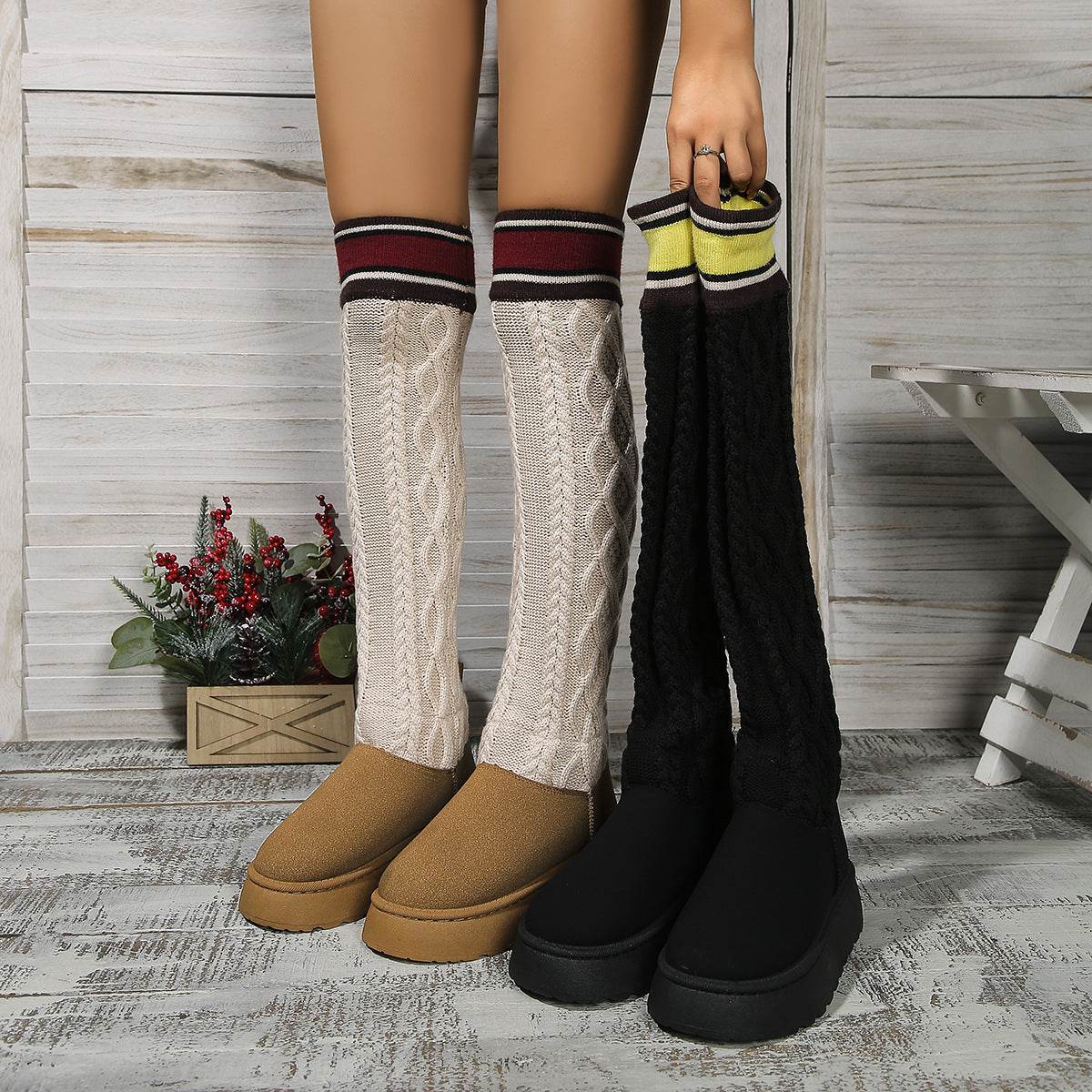 Winter Over-the-knee Boots With Long Knitted Sock Design Fashion Flat Thick-soled Shoes For Women Casual Warm Long Boot - Mubimart