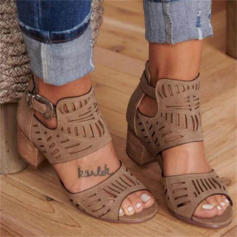 Cutout carved block heel sandals - Mubimart