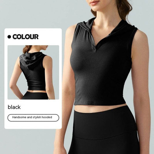 Hooded Ribbed Yoga Vest Women's Short Solid Color Sleeveless Workout Top - Mubimart
