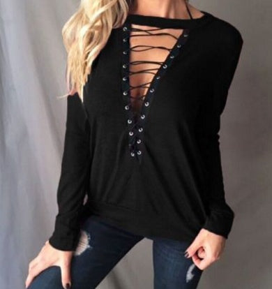 Large Size T Shirt Women Lace up Tops Bandage Long Sleeve V Neck Shirts - Mubimart -  