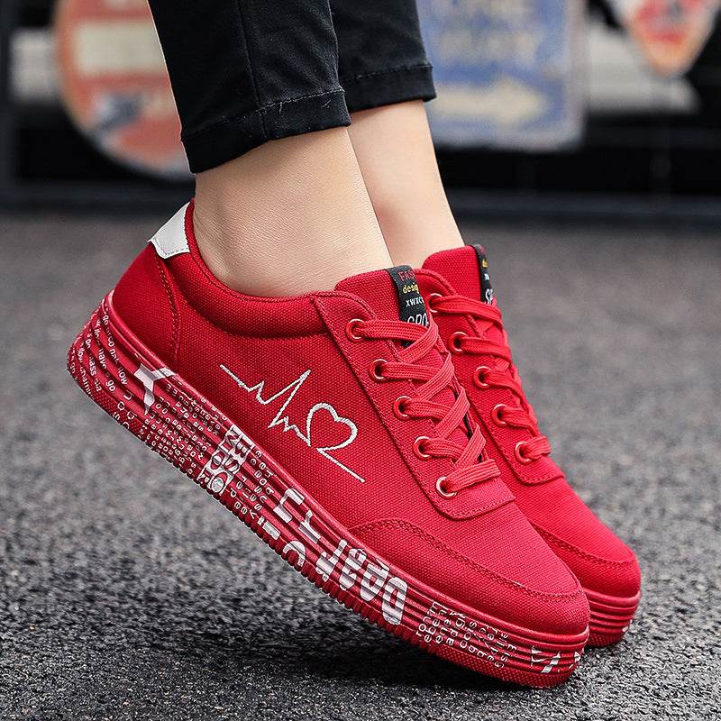 Love Print Canvas Shoes Women Men Flats Lace-up Casual Shoes Lover Sports Shoes Valentines Day - Mubimart