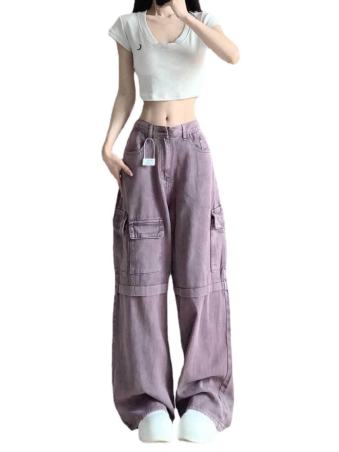 Retro Purple Cargo Jeans Women - Mubimart