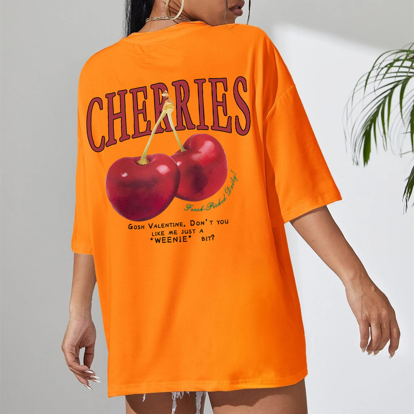 Cotton Women T-shirt Red Cherries Printed Tees Summer - Mubimart -  