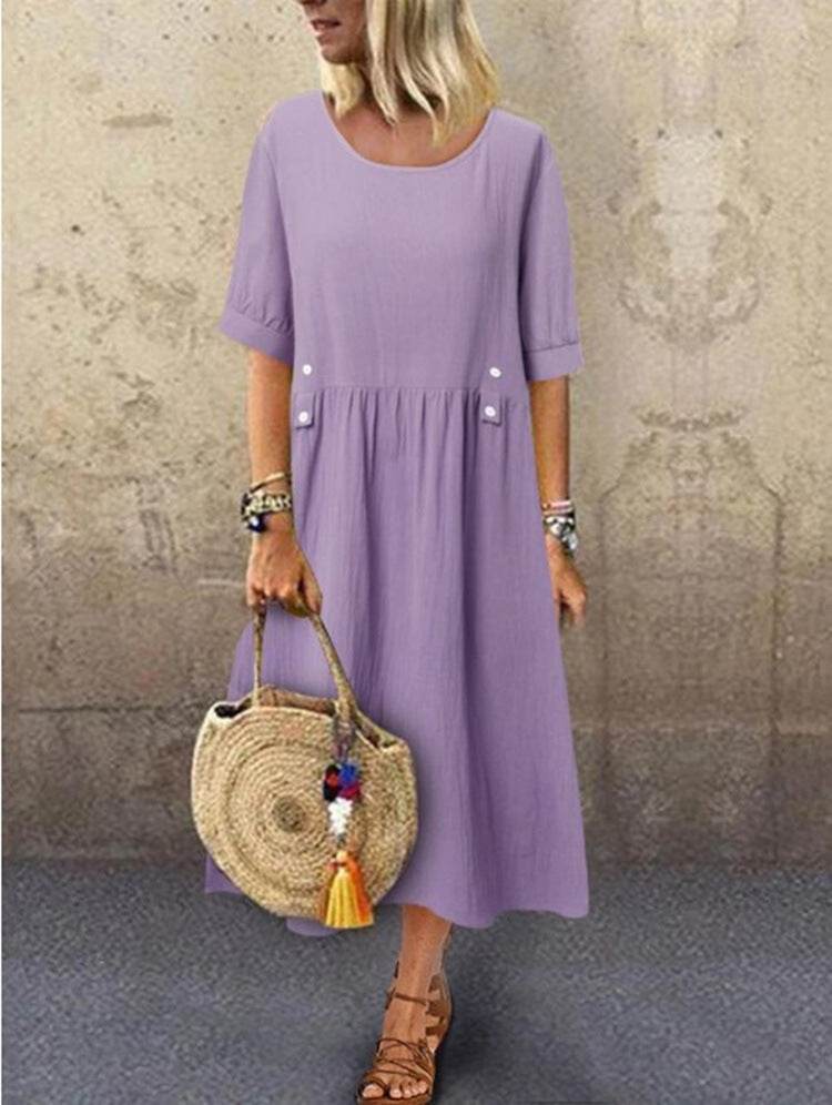 Plus Size Casual Round Neck Shirt With Half Sleeve Button Dress Women - Mubimart
