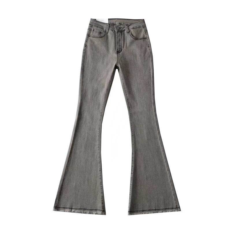 Autumn And Winter Fashion Small High Waist Raw Hem Jeans Retro Distressed Small Man Stretchy Wide-leg Slim Flare Pants - Mubimart