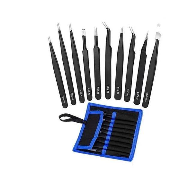 Stainless steel tweezers pointed elbow tweezers 10 Piece canvas bag tweezers Kit - Mubimart