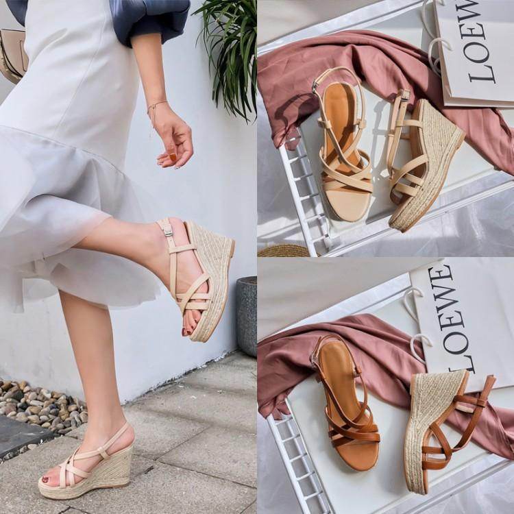Roman platform platform espadrille high-heeled sandals - Mubimart