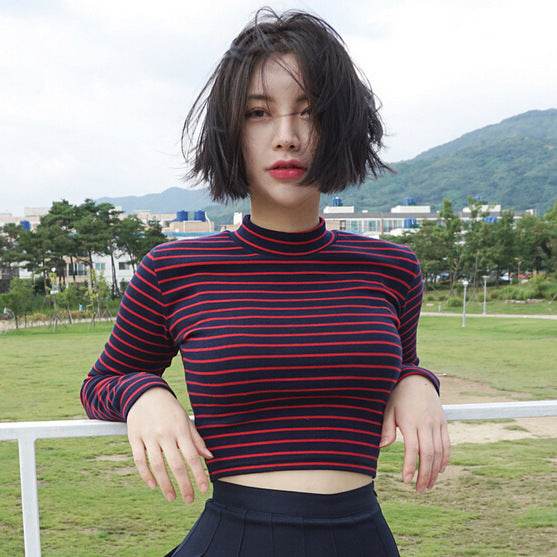Crop Tops Women Chic All-match Classic Stripe Slim Short Bustier Crop Top Turtleneck Long Sleeved T-shirt Sexy Shirts Tee - Mubimart