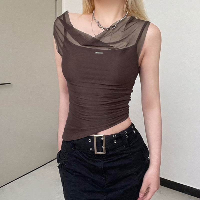 Mesh Spliced Irregular Strap Tank Top For Women - Mubimart