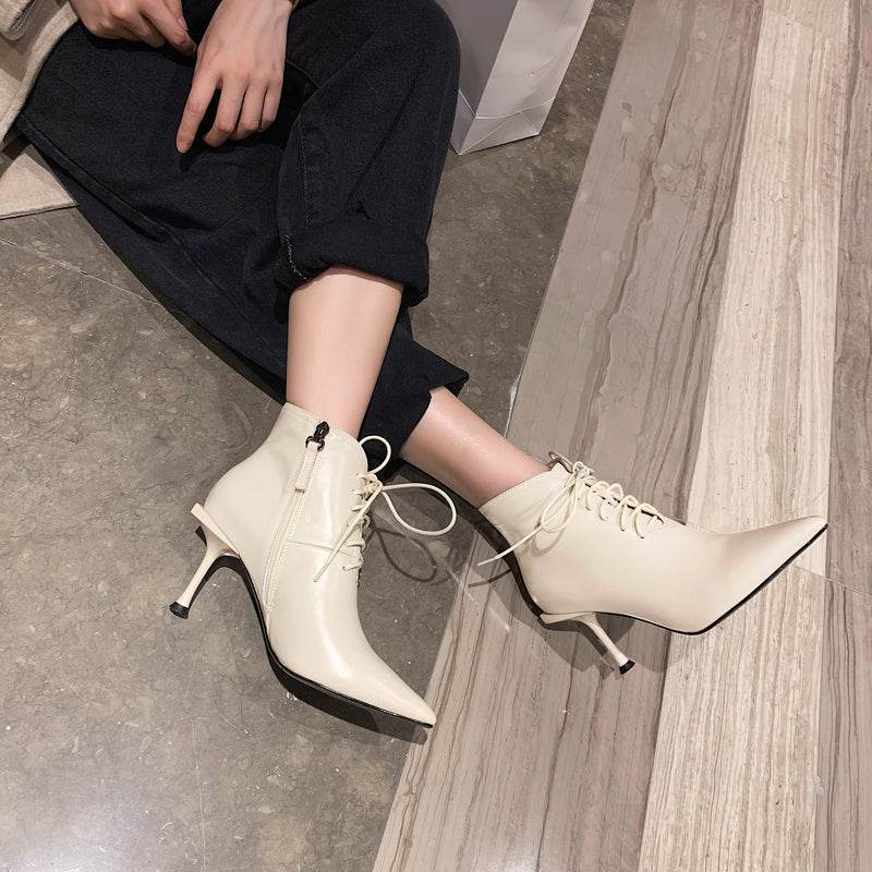 Pointed lace up booties - Mubimart