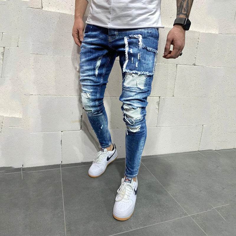 Men's Ripped Slim Fit Patch Jeans Fashion - Mubimart