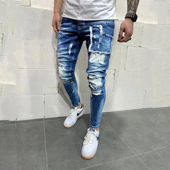 Heren Ripped Slim Fit Patch Jeans Mode