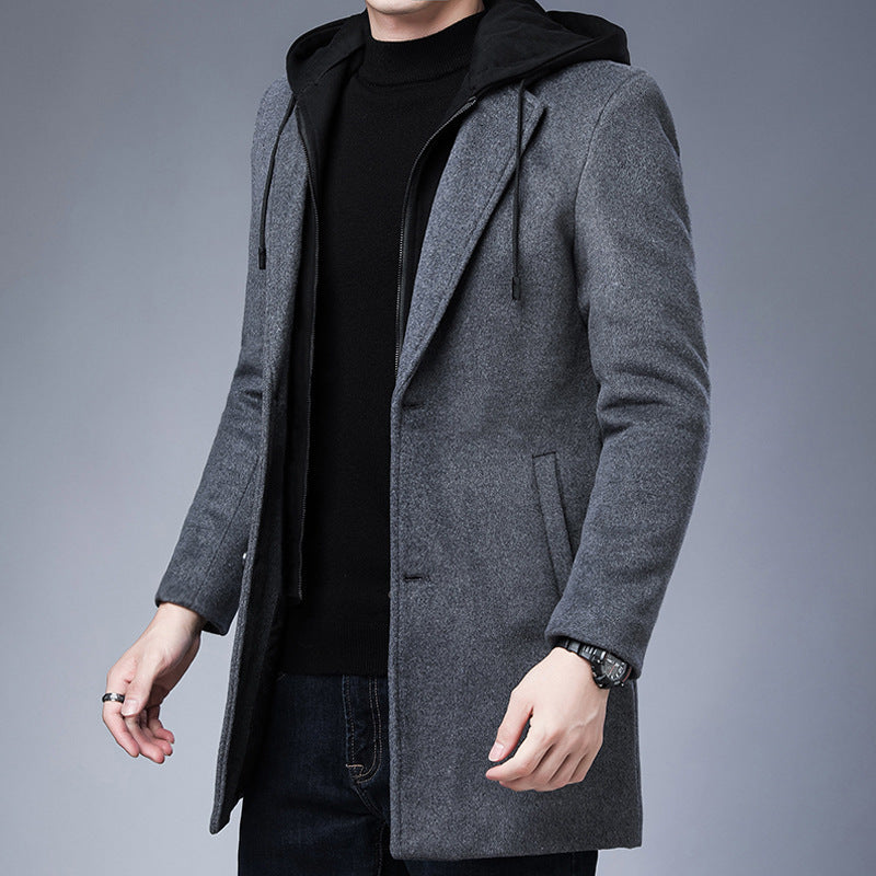 Mens Detachable Hooded Woolen Winter Coat Jacket Mid-Length Single Breasted