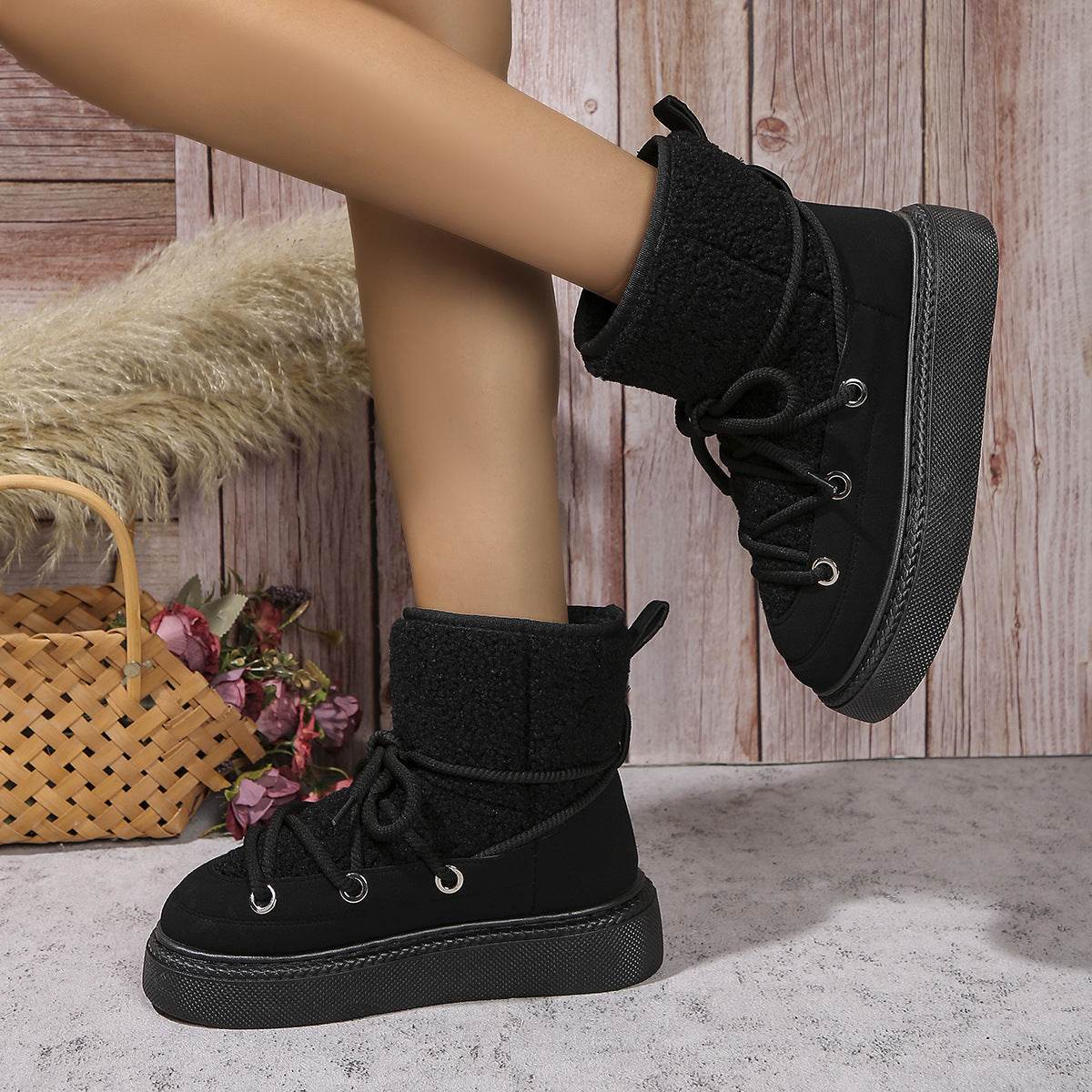 Fashion Lace-up Snow Boots Winter Flat Thick-soled Height-enhancing Cotton Shoes For Women Casual Warm Short Boot - Mubimart