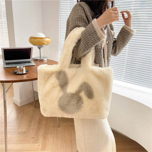 Cute Cartoon Rabbit Ears Plush Bag Autumn And Winter Shoulder Bag Shopping Handbags Large Capacity Personalized Tote Bags For Women - Mubimart