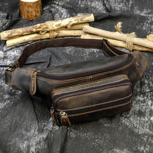 Retro Leather Fanny Pack Men's Crazy Horse Leather Chest Bag - Mubimart