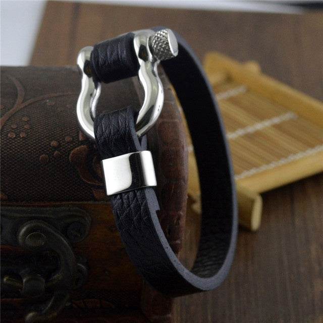 Titanium steel leather bracelet men - Mubimart