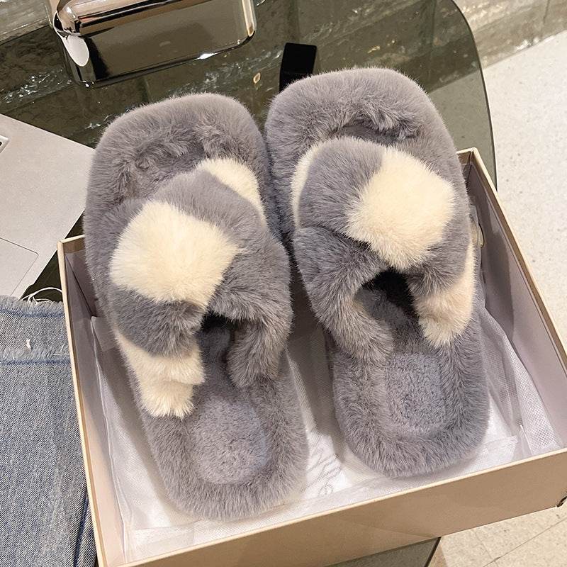 Cross-strap Fuzzy Slippers With 5cm Heel Shoes Women Fashion Winter Indoor Plush House Shoes - Mubimart