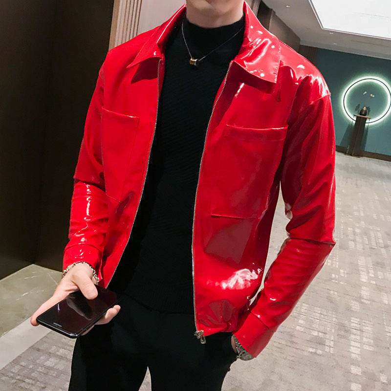 Handsome motorcycle jacket PU leather leather lapel jacket - Mubimart