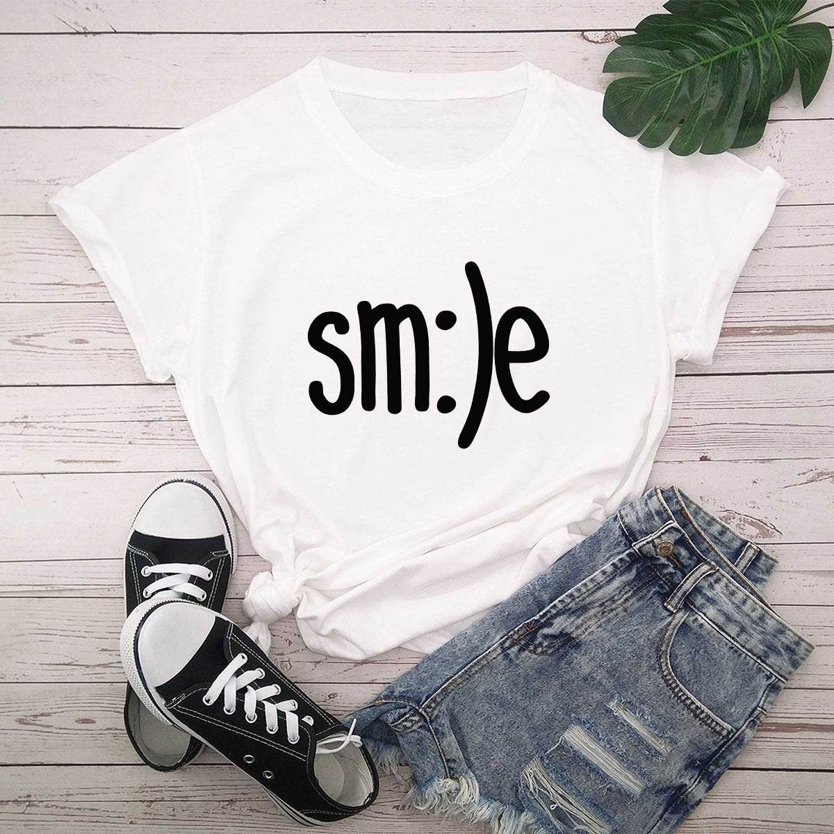 S-5XL Plus Size TShirt Women New Smile Letter Printed Shirt O Neck Short Sleeve Tees Summer Top 100%cotton Women's T-shirts - Mubimart