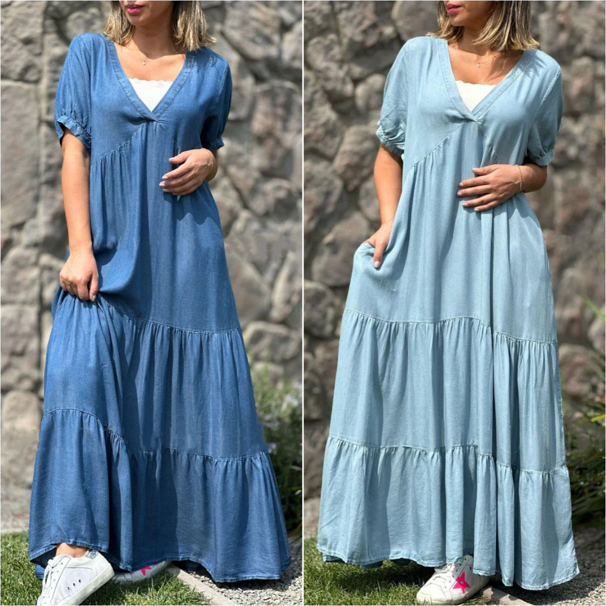 European And American Plus Size Women's Clothes Faux Denim Solid Color And V-neck Long Dress - Mubimart - Denim Dress 