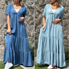 European And American Plus Size Women's Clothes Faux Denim Solid Color And V-neck Long Dress - Mubimart - Denim Dress 