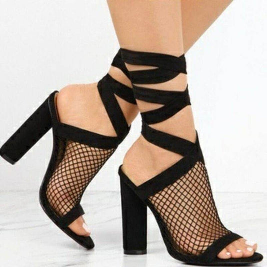 Women Sandals Bandage Flock Cross Strap Lace Up High Heels Sandal - Mubimart