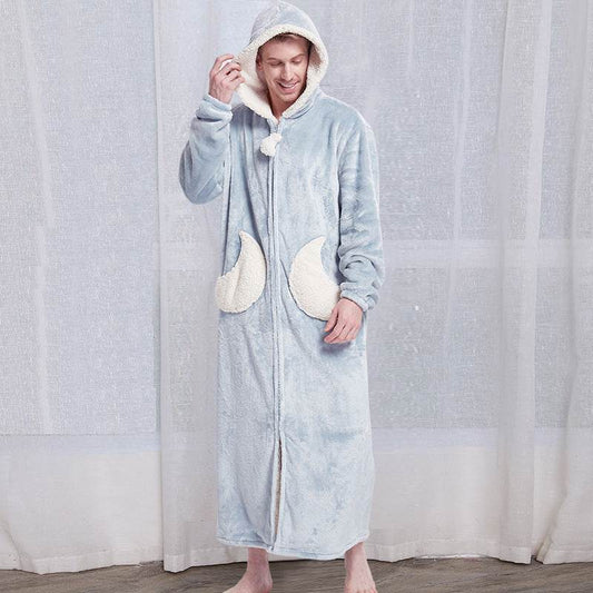Women Men Winter Bath Robe Hooded Night Dress Gown Sleepwear - Mubimart