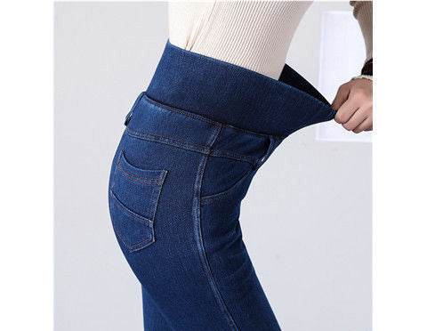 Thermal Fleece Denim Jeggings High-waisted High Stretch Women Skinny Jeans - Mubimart