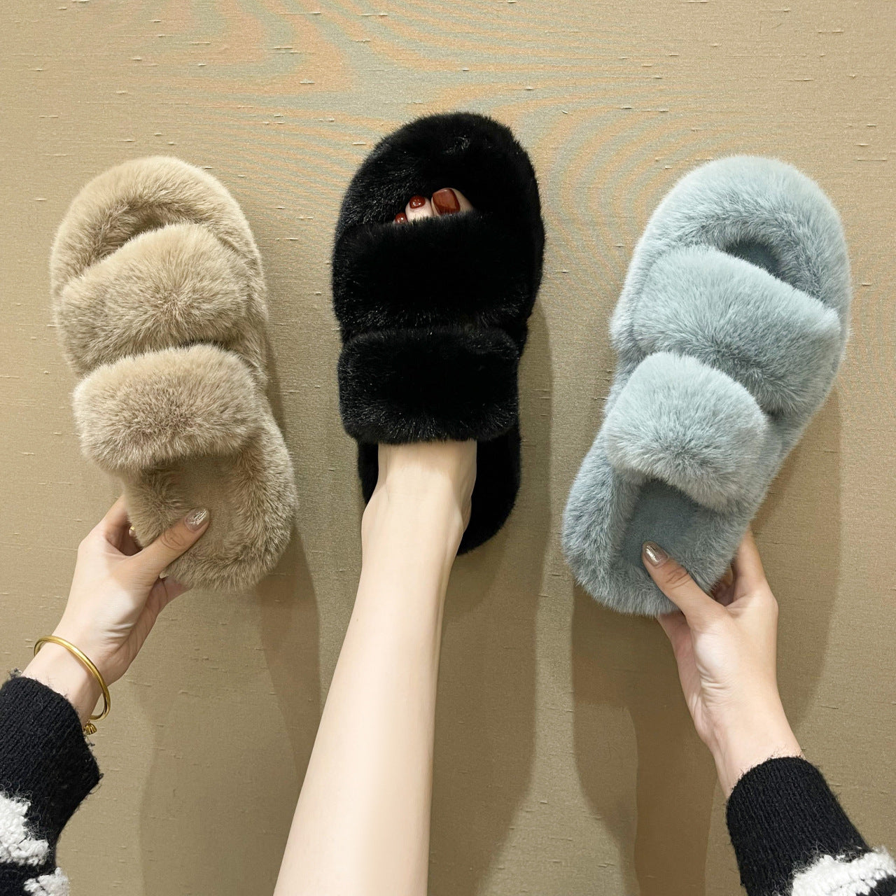 Fuzzy Slippers Women House Shoes Fluffy Bedroom Slippers - Mubimart - Womens Platform Slipper 