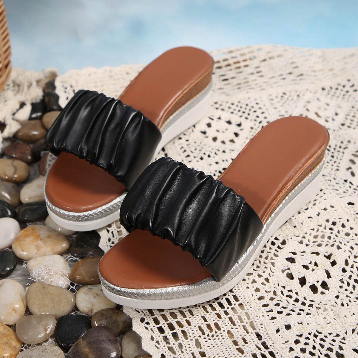 Pleated Slippers Summer Fashion Wedge Sandals For Women Outdoor Slides Simple Thick-soled Beach Shoes - Mubimart