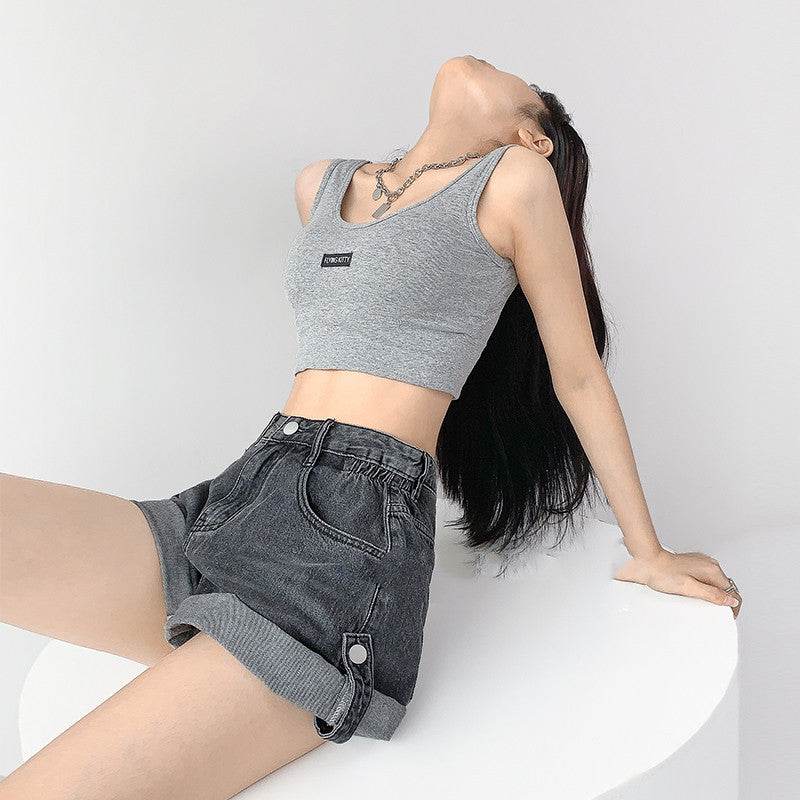Fashionable Hot Girl Overalls Denim Shorts Women Rolled Hem - Mubimart