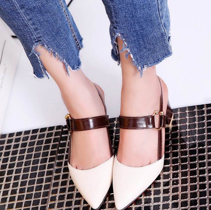 new hollow coarse sandals high-heeled shallow mouth pointed baotou shoes work shoes women Female sexy high heels B1284 - Mubimart