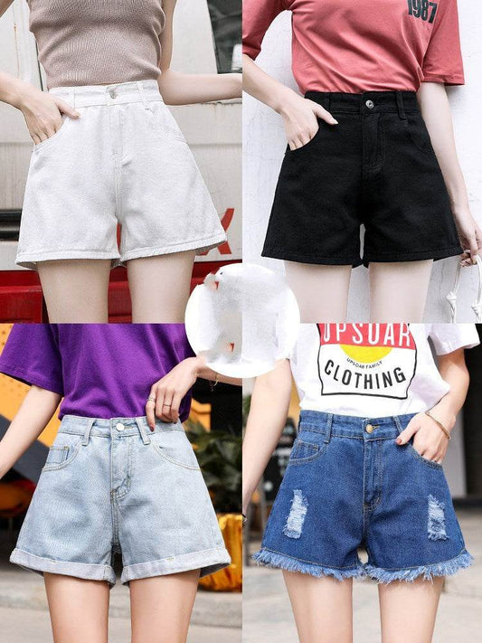 High waist denim shorts women summer loose - Mubimart