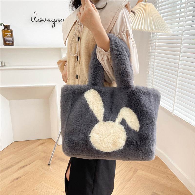 Cute Cartoon Rabbit Ears Plush Bag Autumn And Winter Shoulder Bag Shopping Handbags Large Capacity Personalized Tote Bags For Women - Mubimart