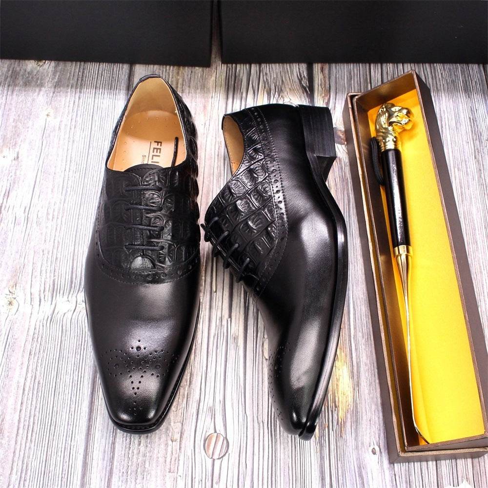 Men's Lace-up British Oxford Shoes Cowhide - Mubimart
