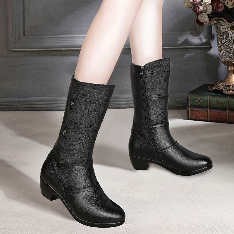 Boots tall thin and thin plus fleece thick heel rider boots - Mubimart